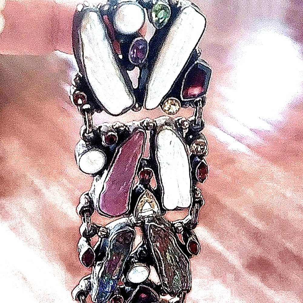 Vintage multi  raw   semiprecious stones silver bracelet. 8".